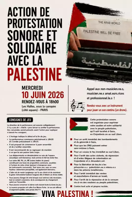 Action 10 juin À Paris, action de protestation sonore et solidaire avec la Palestine