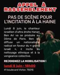 À Paris (15e), rassemblement contre le concert de Hanan Ben Ari 2 rassemblement 8 juin 26 À Paris (15e), rassemblement contre le concert de Hanan Ben Ari