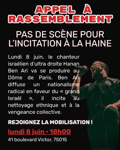 À Paris (15e), rassemblement contre le concert de Hanan Ben Ari 3 rassemblement 8 juin 26 À Paris (15e), rassemblement contre le concert de Hanan Ben Ari