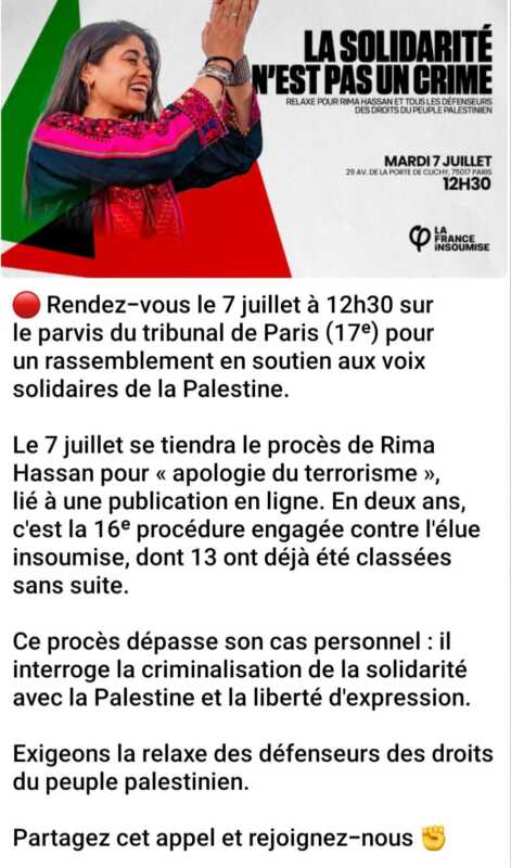 soutien Rima Hassan À Paris, rassemblement de soutien aux voix solidaires de la Palestine