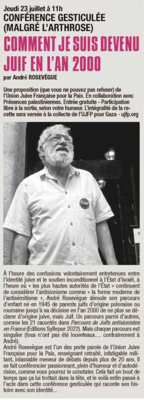 Rosevegue 23 7 26 À Avignon (84), conférence gesticulée d’André Rosevègue « Comment je suis devenu juif en l’an 2000 »