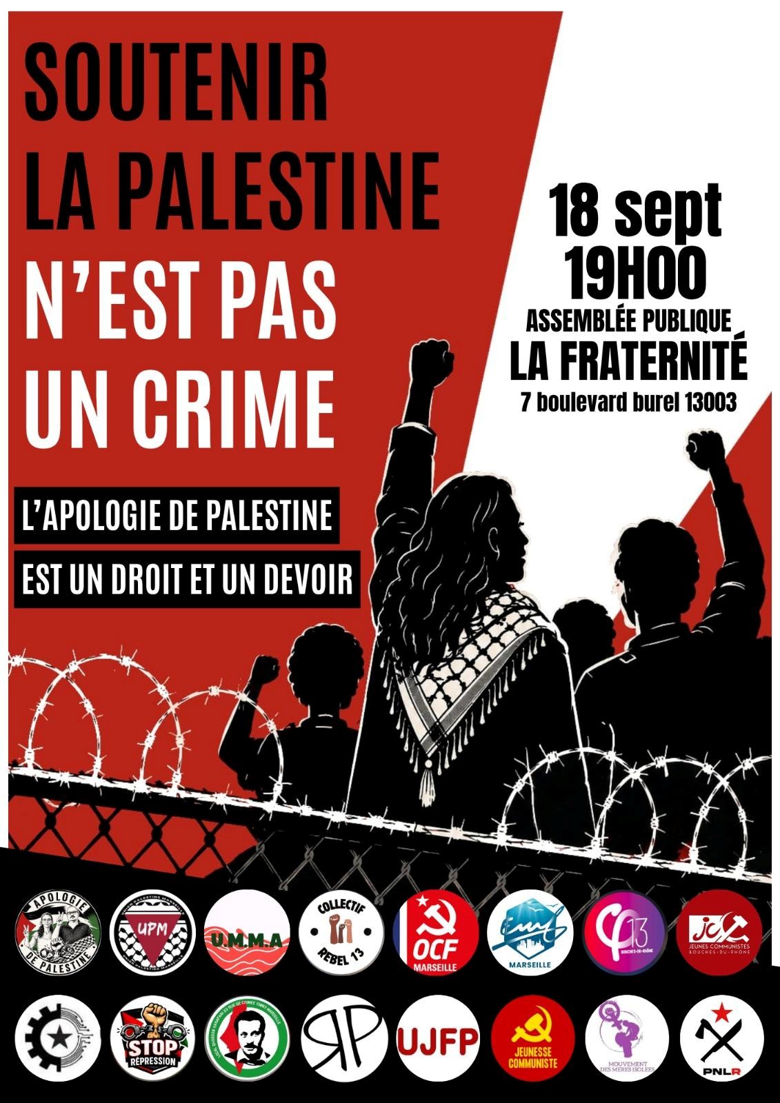 PalestineMarseille18sept À Marseille (3ème), assemblée publique : "soutenir la Palestine n'est pas un crime"