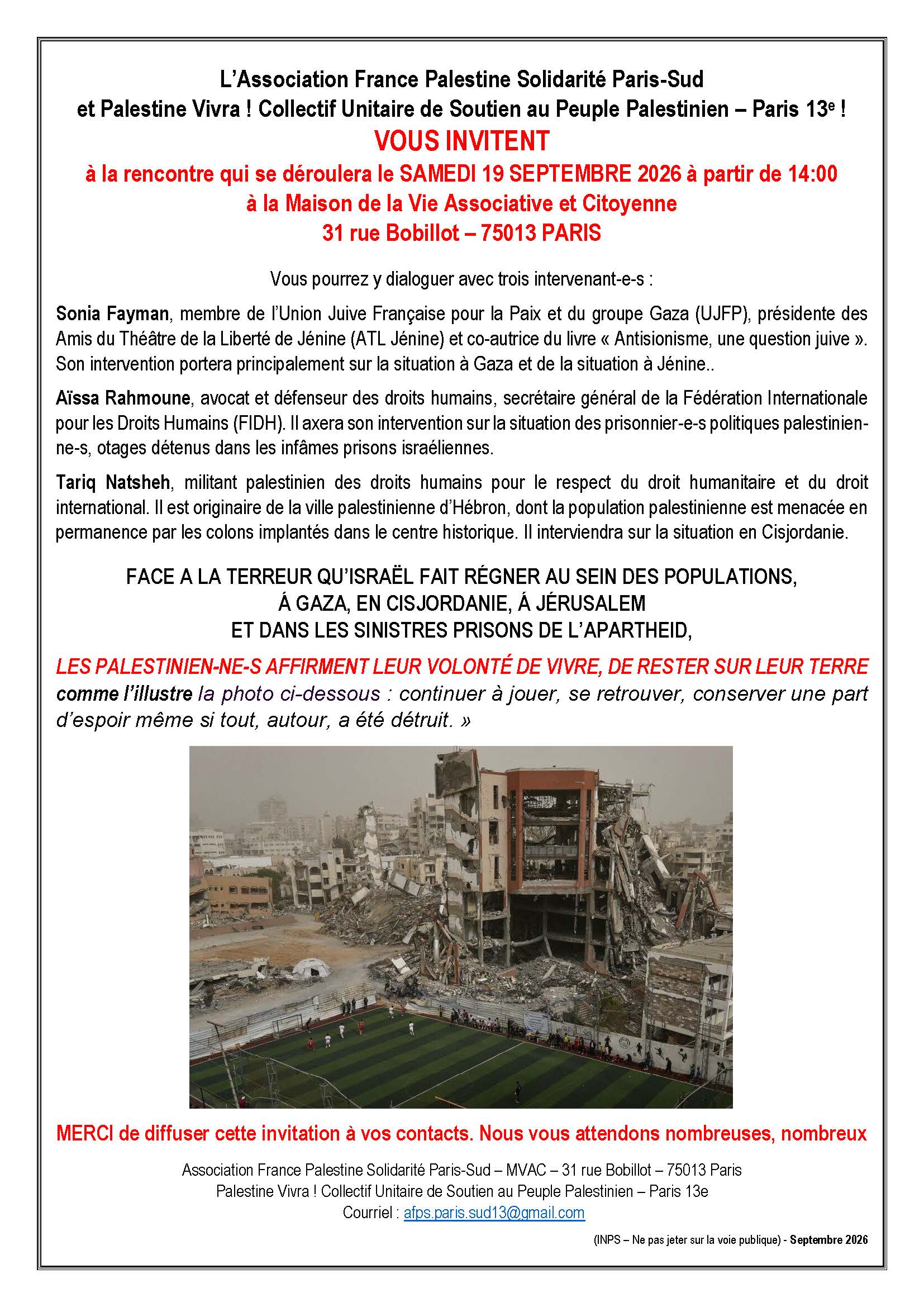 À Paris, conférence-débat sur la résistance des Palestiniens 3 Reunion su 19 septembre 2026 À Paris, conférence-débat sur la résistance des Palestiniens